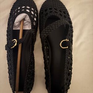 Windsor Black Woven Mary Jane Flats with Gold Buckle